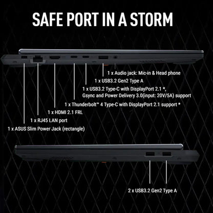Side view of gaming laptop showing USB-C, HDMI, Thunderbolt, LAN, audio, and USB-A ports
