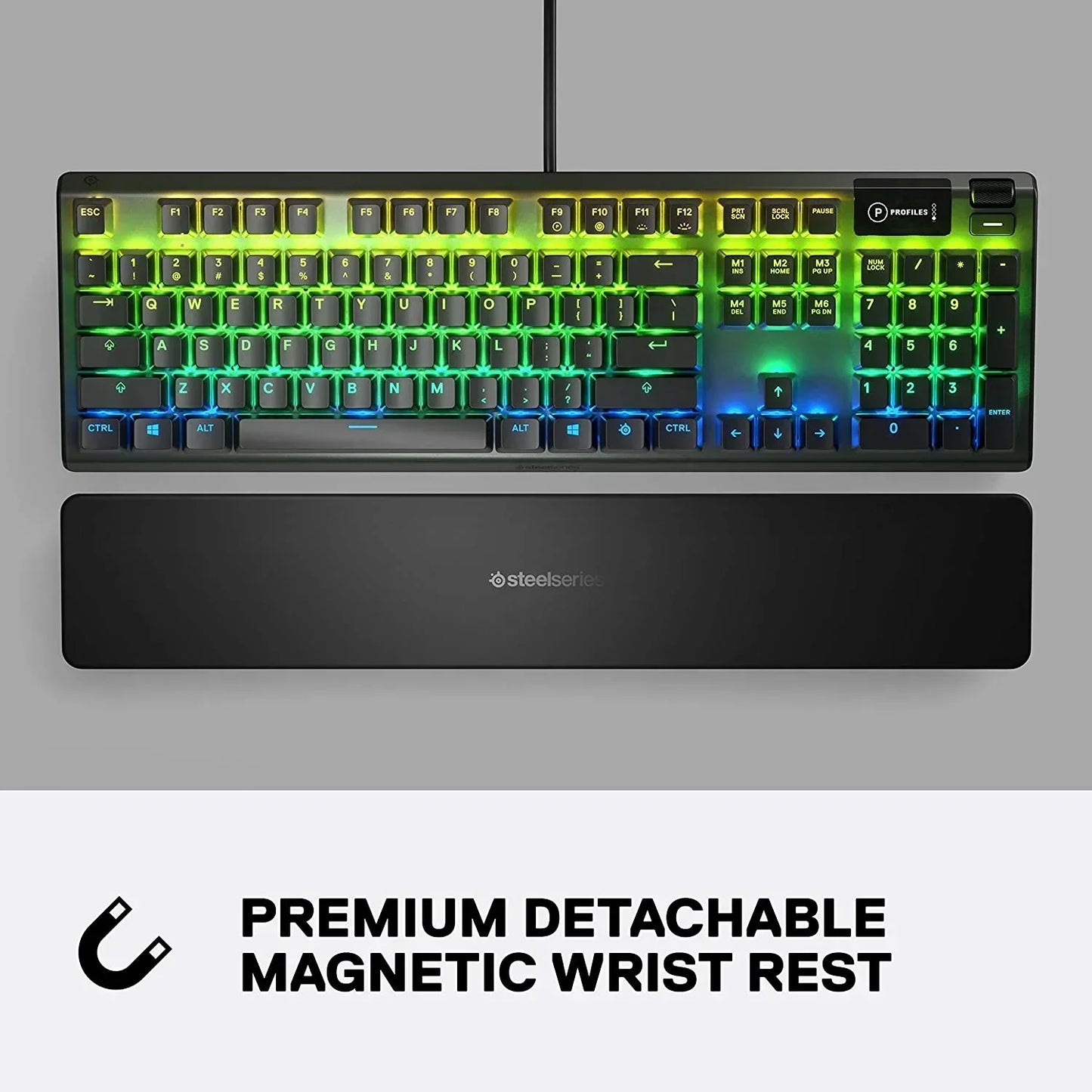 RGB gaming keyboard with premium detachable magnetic wrist rest, ideal for modern gaming setups.
