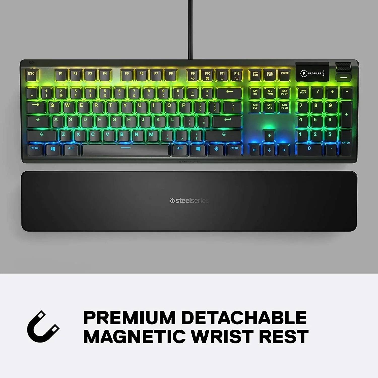 RGB gaming keyboard with premium detachable magnetic wrist rest, ideal for modern gaming setups.