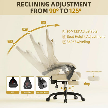 Beige gaming chair with 90°-125° recline, adjustable height, 360° swivel, retractable footrest, and silent wheels