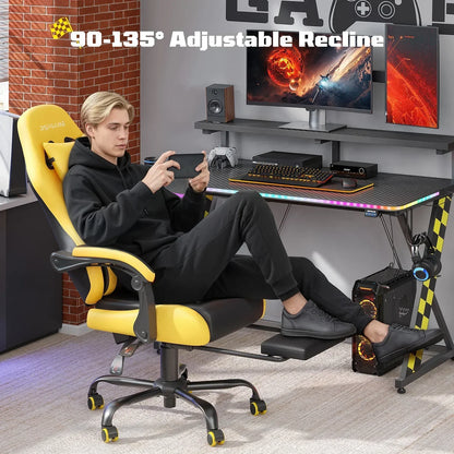 Yellow and black gaming chair with 90-135° adjustable recline, perfect for PC gaming setups.