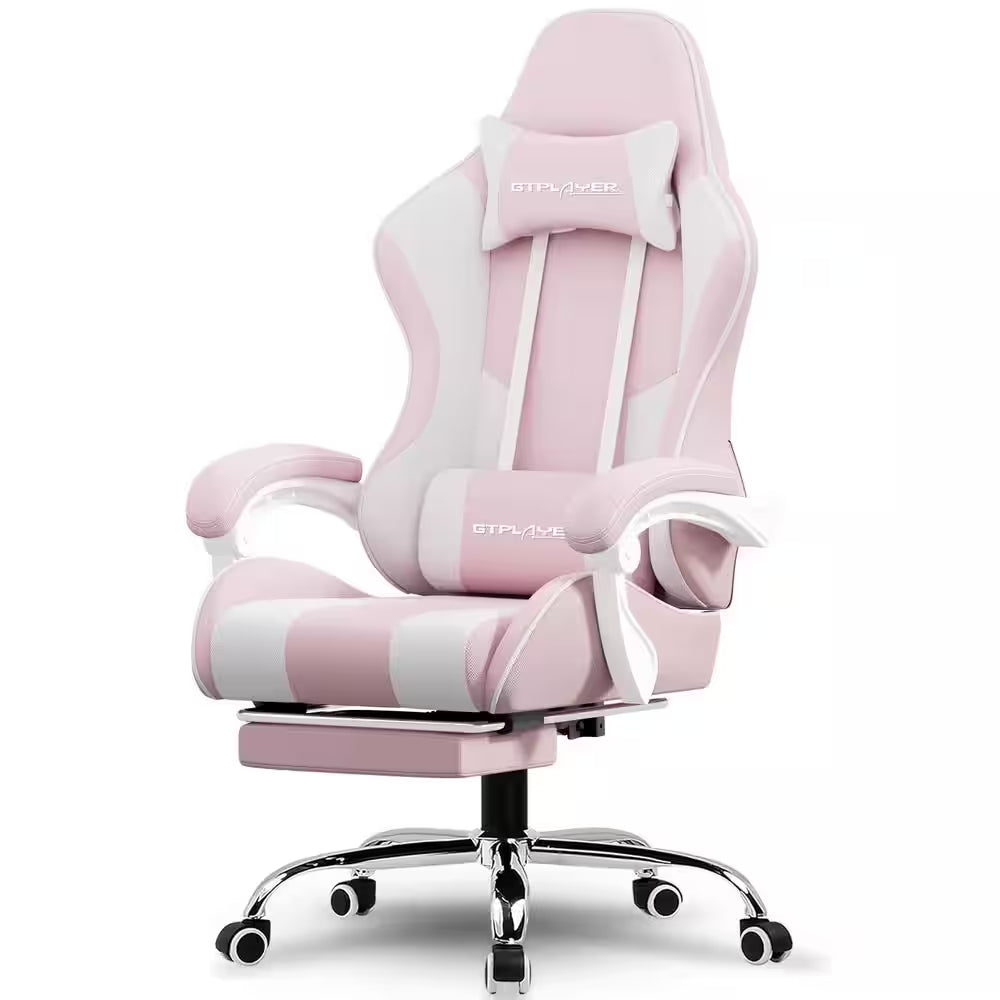 Pink and white gaming chair with GTPLAYER logo, ergonomic design, and chrome base for PC setup