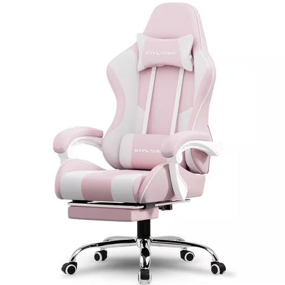 Pink and white gaming chair with GTPLAYER logo, ergonomic design, and chrome base for PC setup