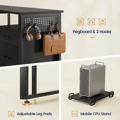 71" Executive Desk with Power Outlets, Modern L Shaped Office Desk with File Drawers and Pegboard, Large Computer Desk, Marble Black