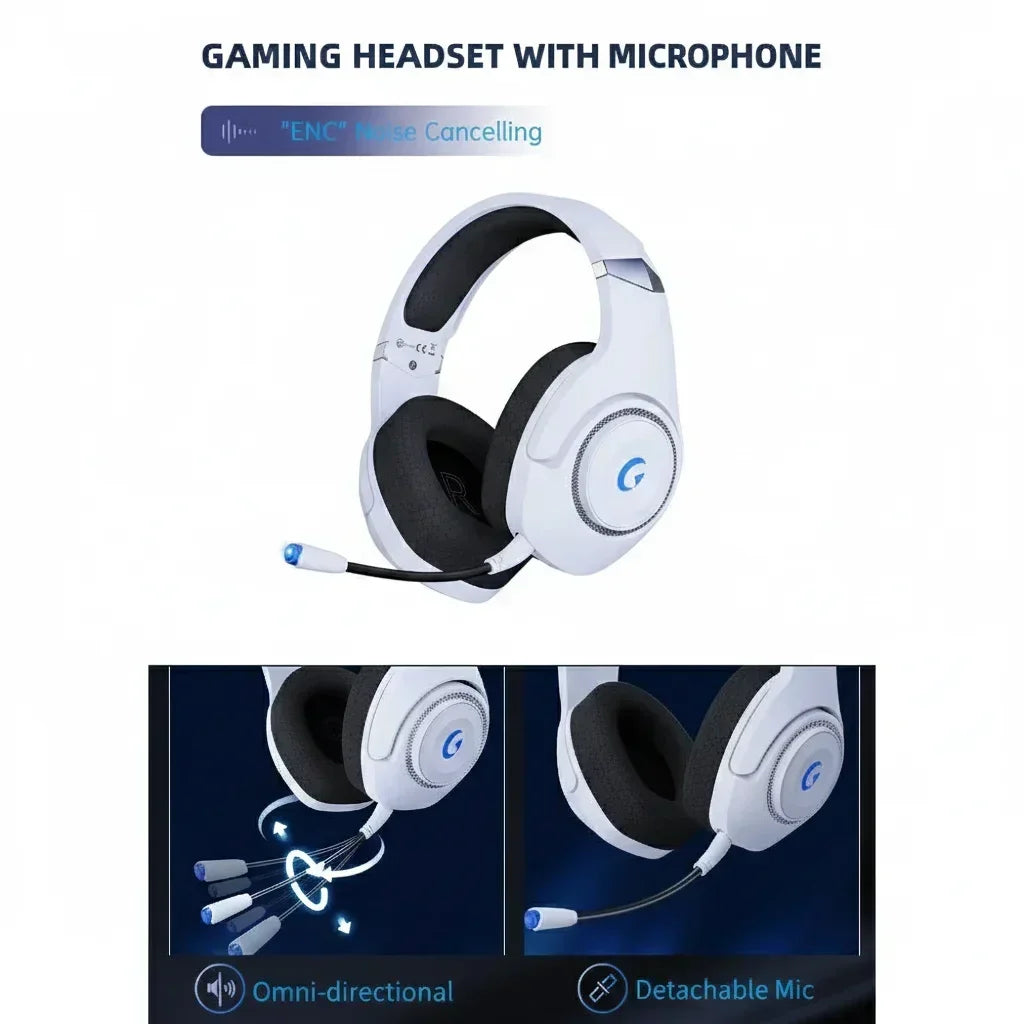 White gaming headset with microphone, omni-directional, detachable mic, noise cancelling feature.