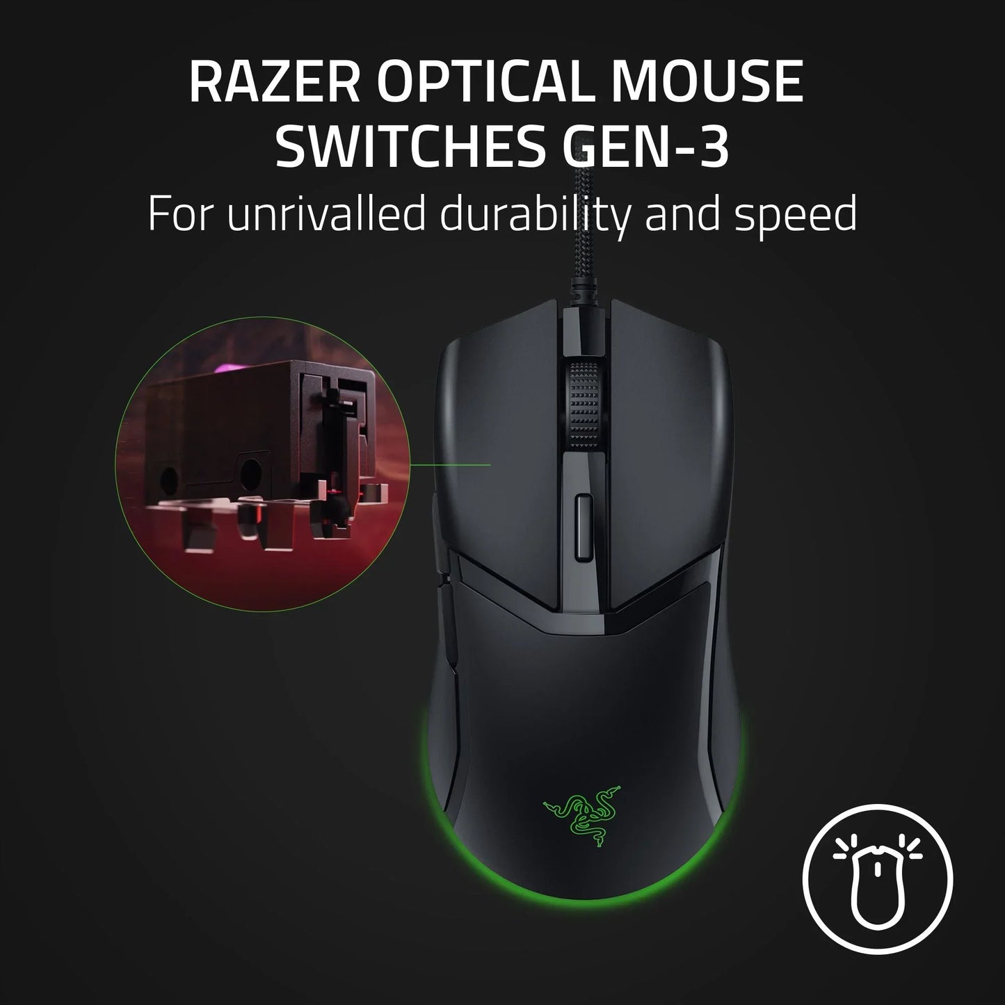 Black Razer gaming mouse with braided cable and Gen-3 optical mouse switch close-up