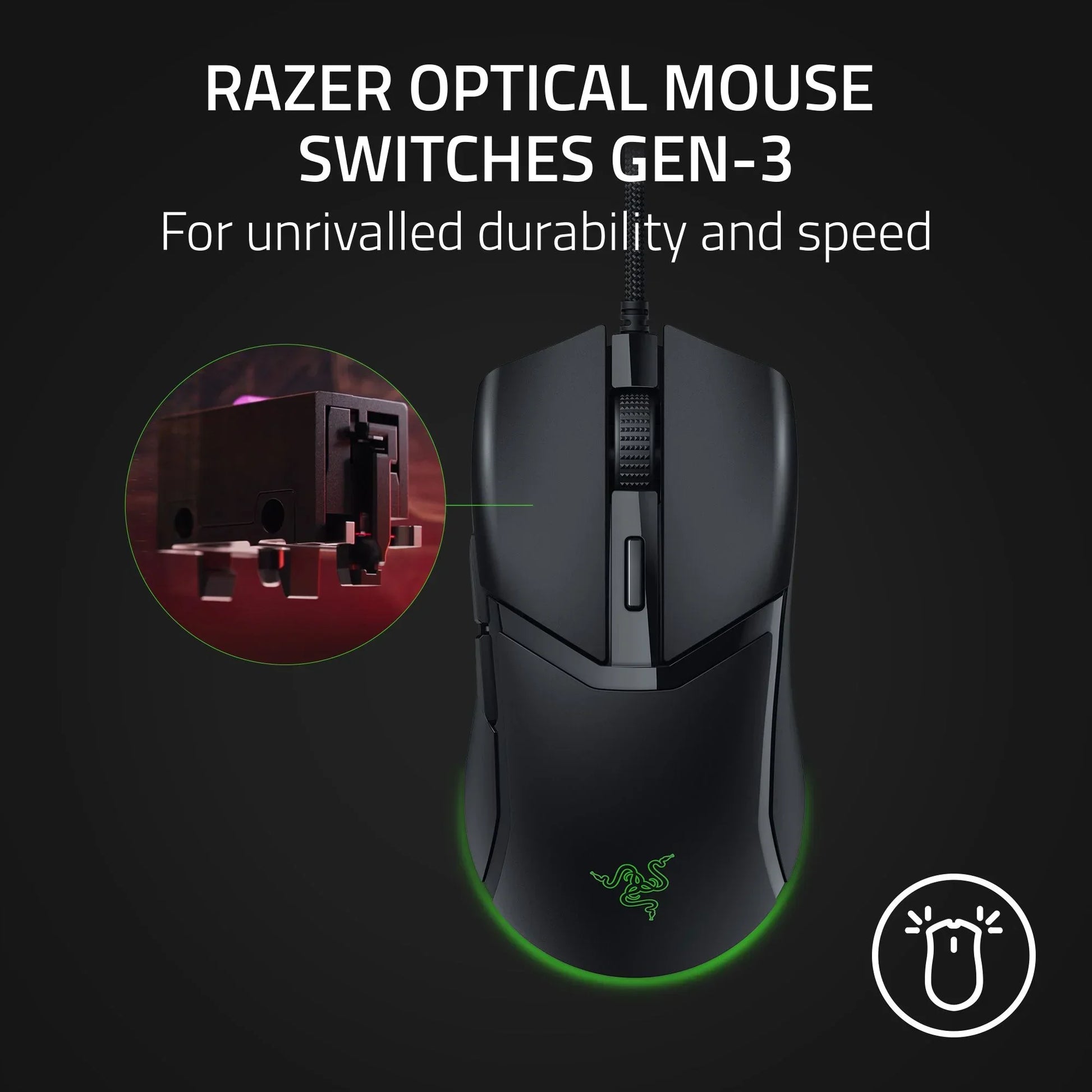 Black Razer gaming mouse with braided cable and Gen-3 optical mouse switch close-up