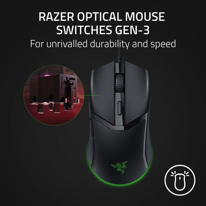 Black Razer gaming mouse with braided cable and Gen-3 optical mouse switch close-up