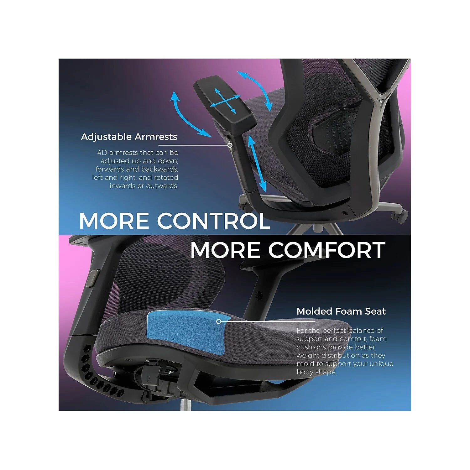 Ergonomic gaming chair with 4D adjustable armrests and molded foam seat for comfort and support