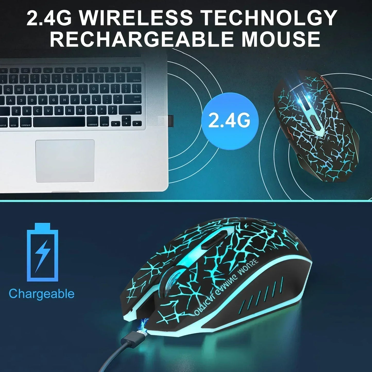 2.4G wireless rechargeable gaming mouse with blue crackle LED design, charging near laptop
