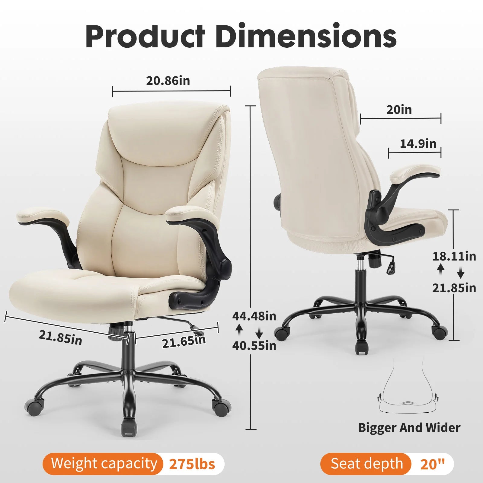 Cream ergonomic office chair with dimensions, 275lb weight capacity, wider seat for gaming or work setup