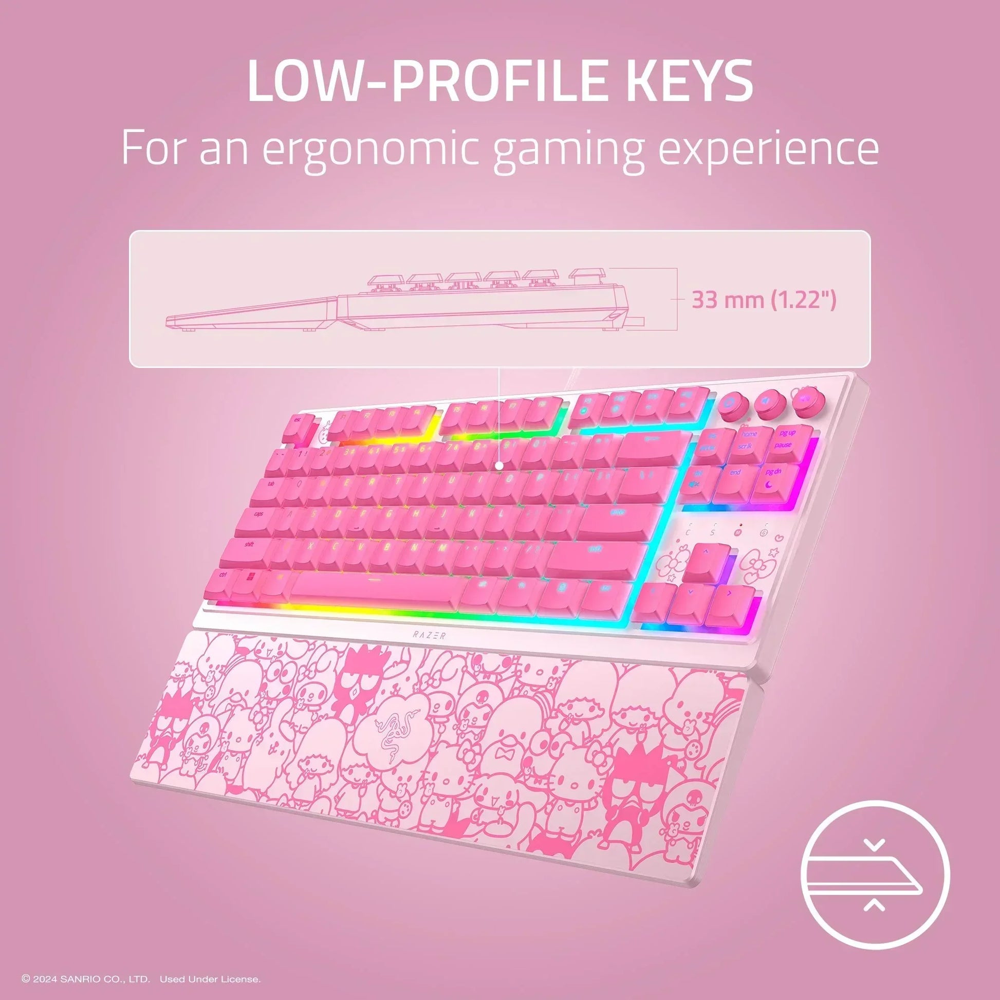 Pink Razer low-profile RGB gaming keyboard with Sanrio wrist rest, ergonomic 8-bit style
