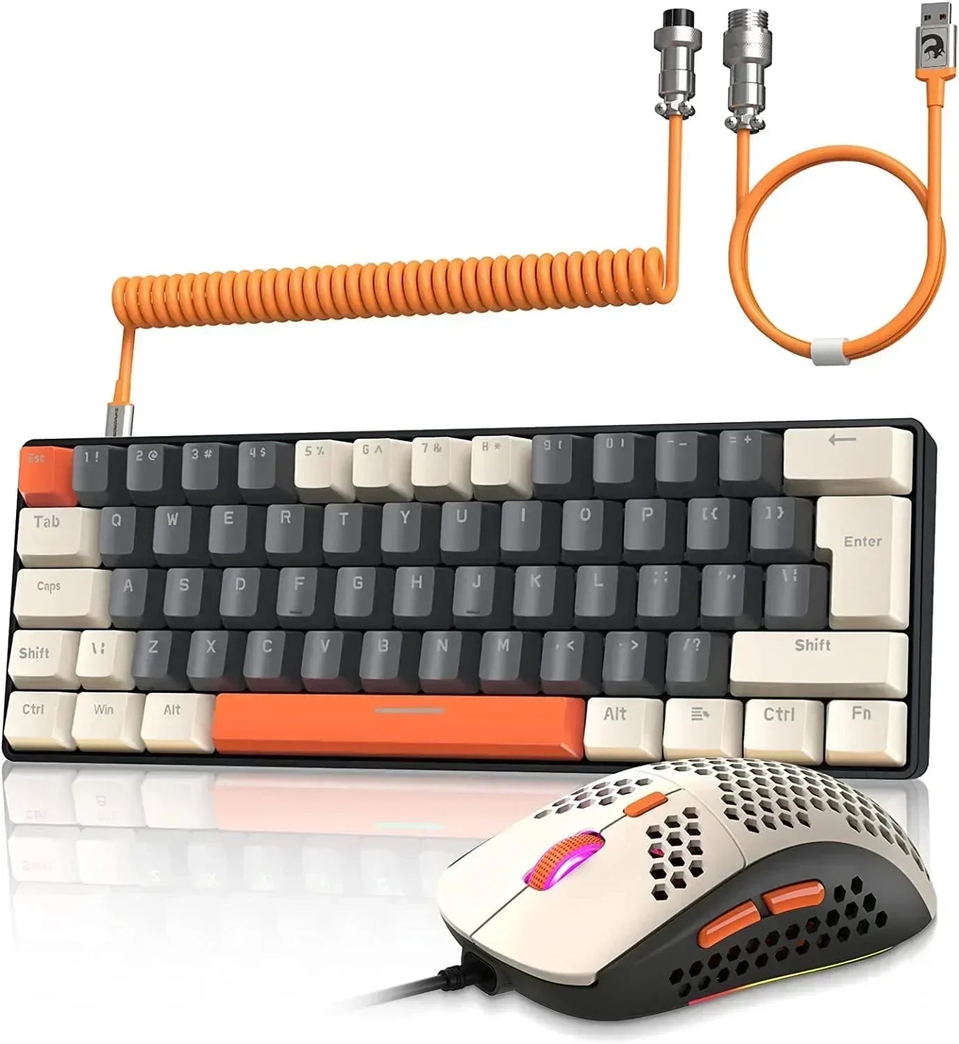 T60PRO 60% Mechanical Keyboard and Mouse Combo+Coiled USB C Cable, Compact RGB LED Backlit Keyboard, Clicky Blue Switch, 6400 DPI Programmable RGB Mouse for PC Mac Gamer(Gray&Orange)