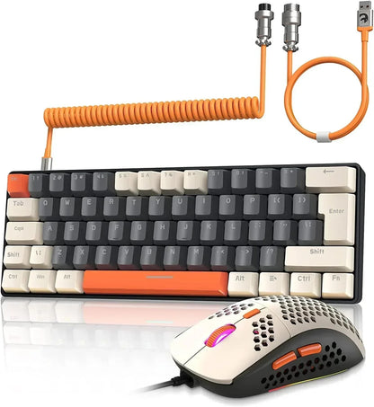 T60PRO 60% Mechanical Keyboard and Mouse Combo+Coiled USB C Cable, Compact RGB LED Backlit Keyboard, Clicky Blue Switch, 6400 DPI Programmable RGB Mouse for PC Mac Gamer(Gray&Orange)
