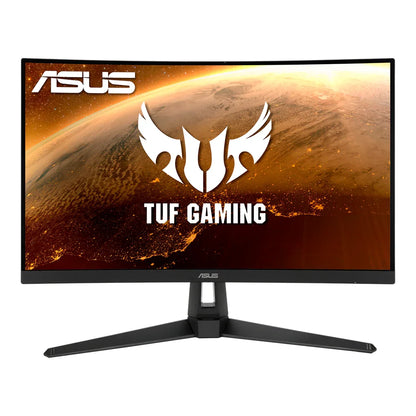 ASUS TUF Gaming curved monitor displaying planet Earth with TUF Gaming logo