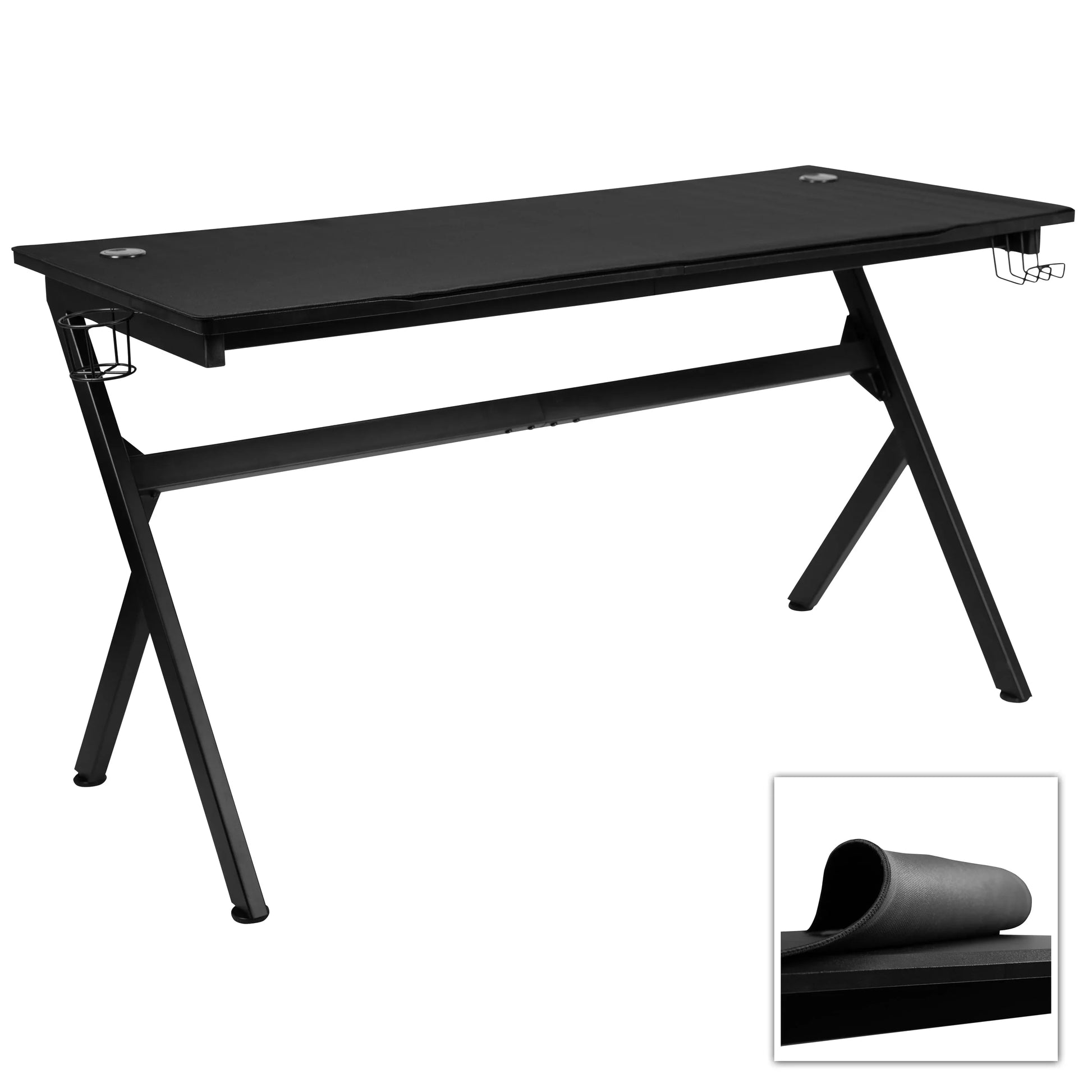 Black gaming desk with cup holder, headphone hook, and extended mouse pad mat