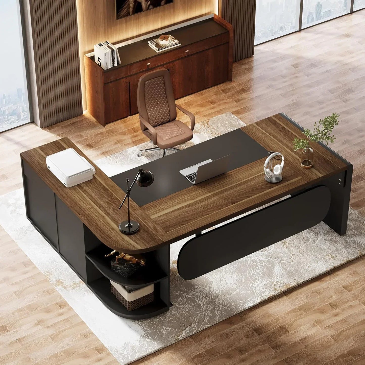 80 Inches Executive Desk, L-Shaped Office Desk with 55 Inches Cabine