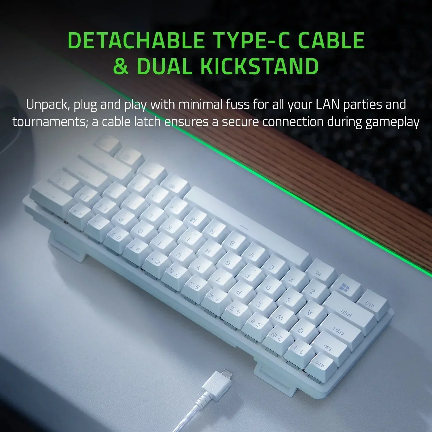 White 8-bit style gaming keyboard with detachable Type-C cable and dual kickstand on desk
