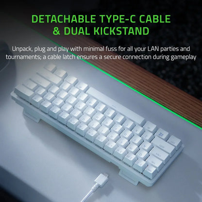 White 8-bit style gaming keyboard with detachable Type-C cable and dual kickstand on desk
