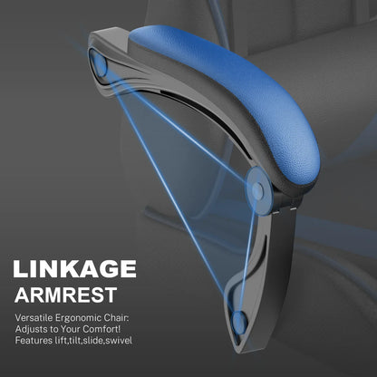 Ergonomic gaming chair linkage armrest with blue padded top and adjustable lift, tilt, slide, swivel features