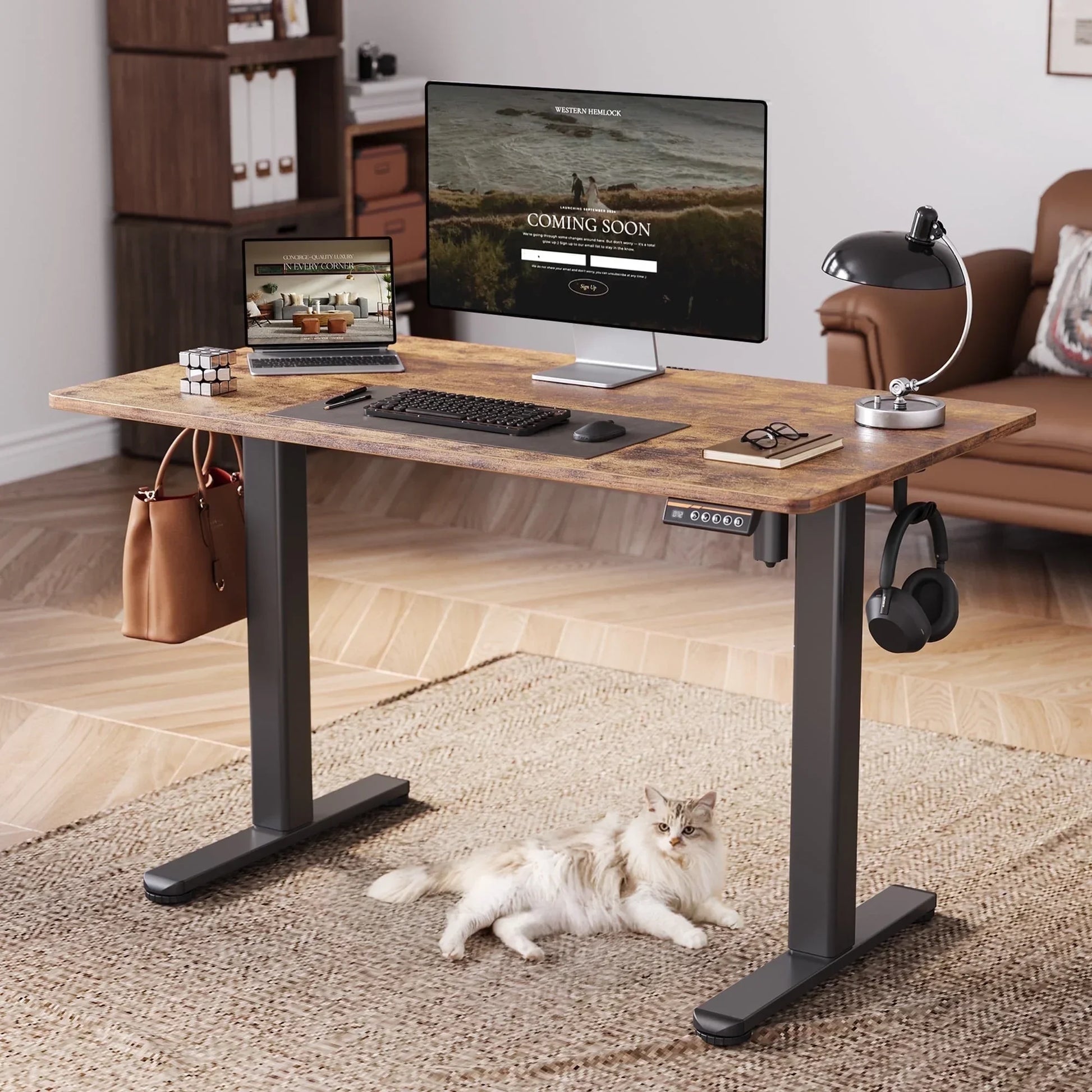 48" Electric Standing Desk - Adjustable Height Stand up Home Office Desk, Sit to Stand Desk with Splice Board, Rustic Brown Computer Table for Corner Small Space