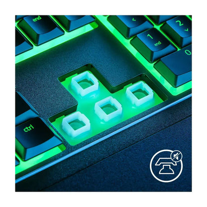 Close-up of RGB gaming keyboard arrow key sockets, retro 8-bit style, Byte Style gear