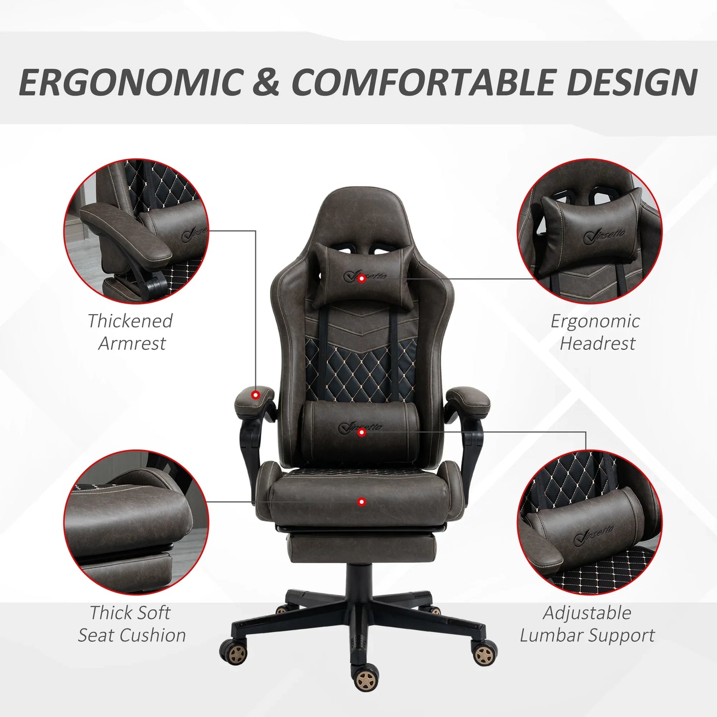 Ergonomic gaming chair with thickened armrest, ergonomic headrest, thick soft seat cushion, and adjustable lumbar support