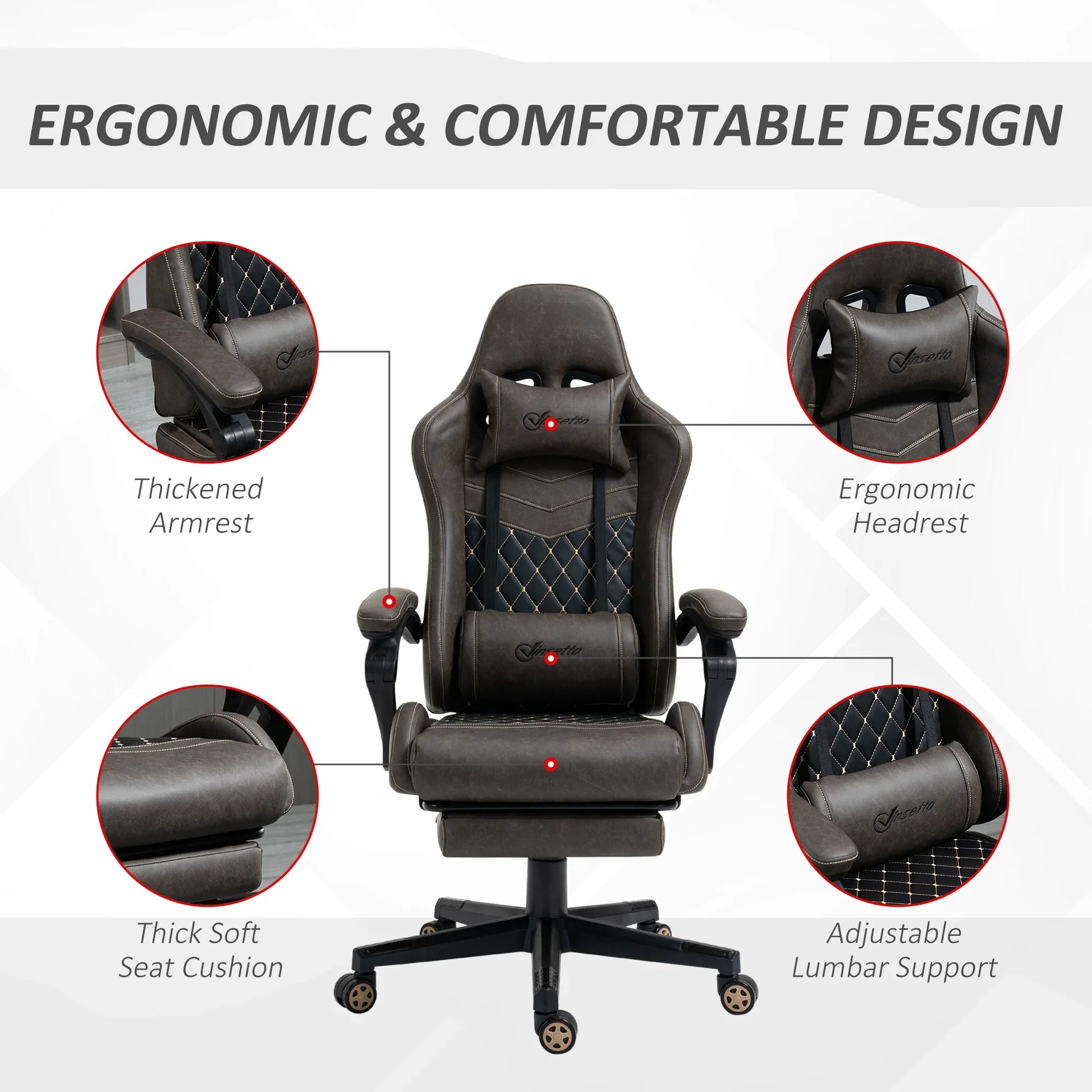 Ergonomic gaming chair with thickened armrest, ergonomic headrest, thick soft seat cushion, and adjustable lumbar support