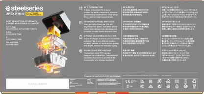 SteelSeries Apex 9 Mini mechanical keyboard switch with optical switch features, specs, and multilingual descriptions, modern gaming gear highlight.
