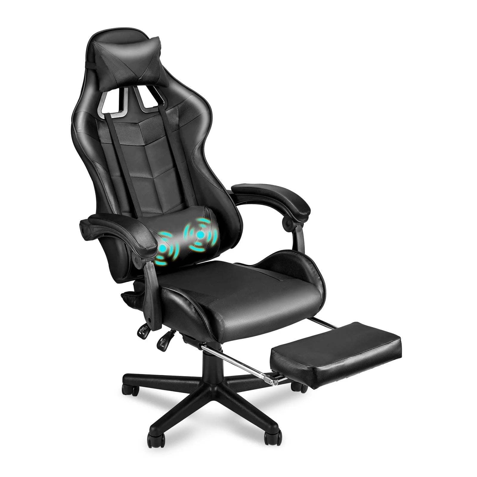 Black gaming chair with lumbar massage, headrest, and footrest for ergonomic PC setup comfort