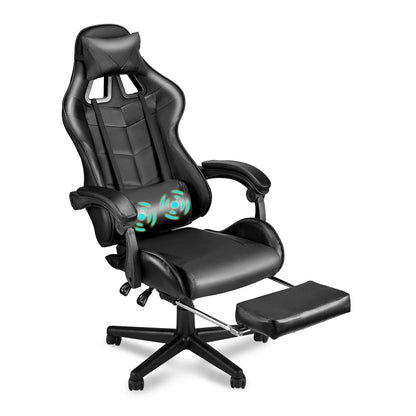 Black gaming chair with lumbar massage, headrest, and footrest for ergonomic PC setup comfort