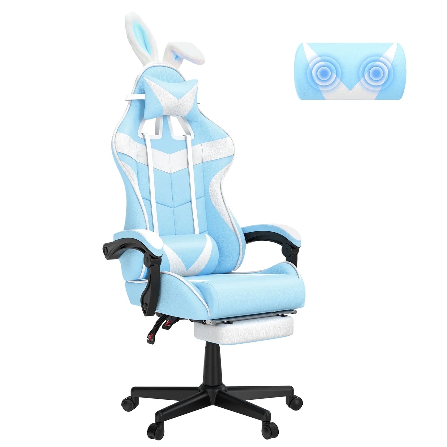 Light blue and white gaming chair with bunny ears, lumbar support, and adjustable armrests for ergonomic comfort