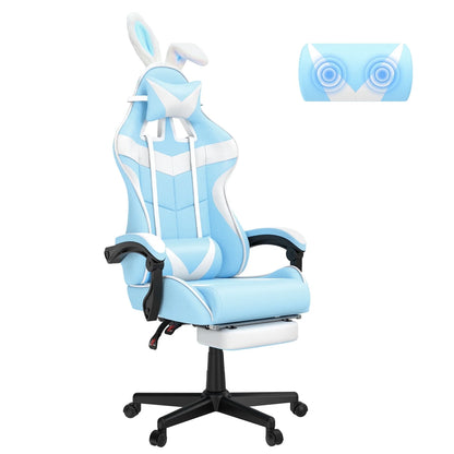Light blue and white gaming chair with bunny ears, lumbar support, and adjustable armrests for ergonomic comfort