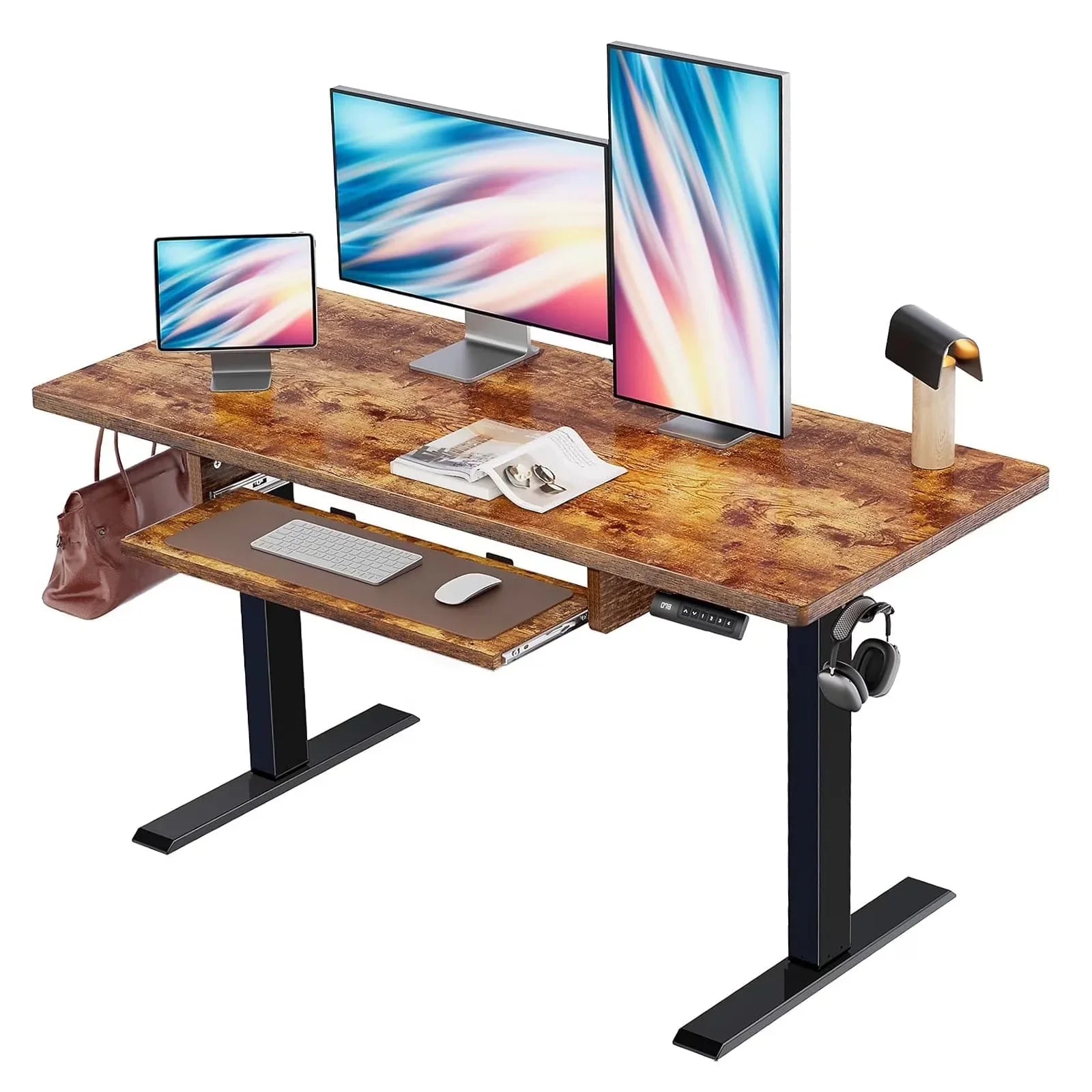 55" X 24" Electric Standing Desk with Keyboard Tray, Height Adjustable Sit Stand up Desk with Headphone Hook & 4 Height Memory Pre-Set for Home Office, Black