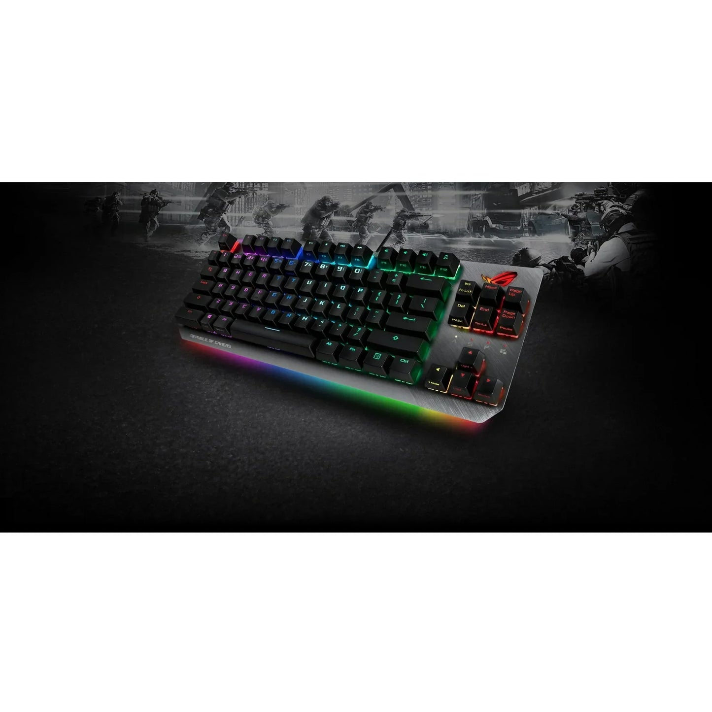 RGB backlit mechanical gaming keyboard with brushed metal finish on black surface, tactical game background
