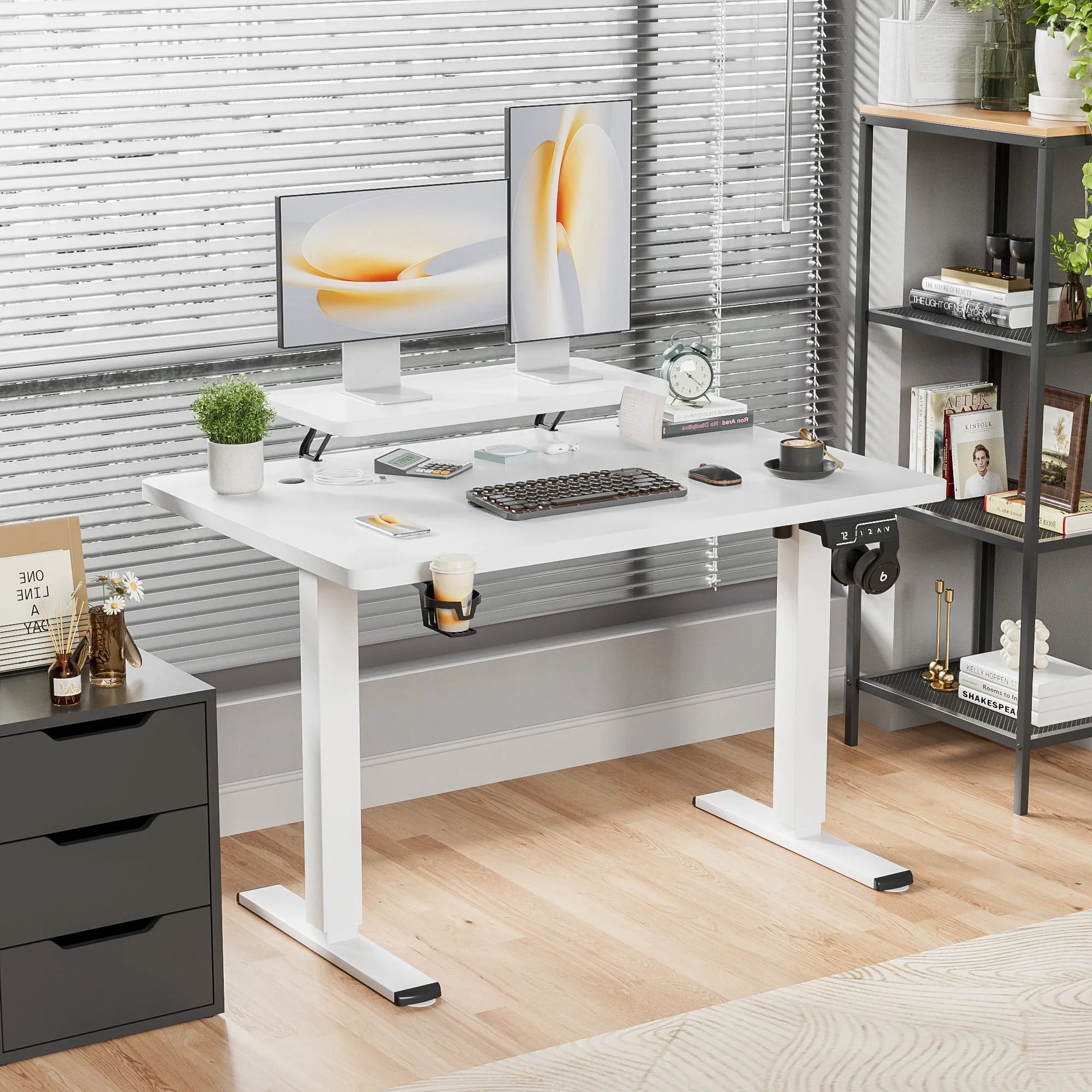 47" Wide Home Office Electric Height Adjustable Standing Desk Lifting Range 28~46" Computer Desk with Monitor Stand,White