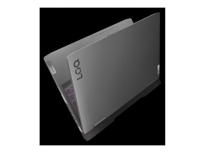 Gray Lenovo gaming laptop partially open, backlit keyboard visible, on black background