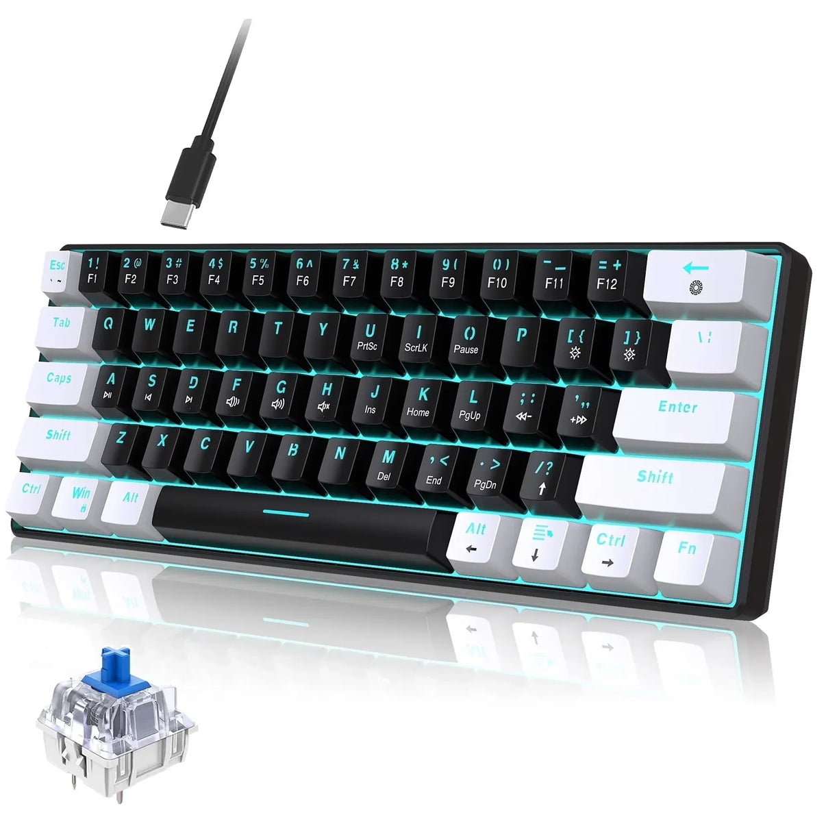 Retro 8-bit style RGB mechanical gaming keyboard with blue switch and USB-C cable