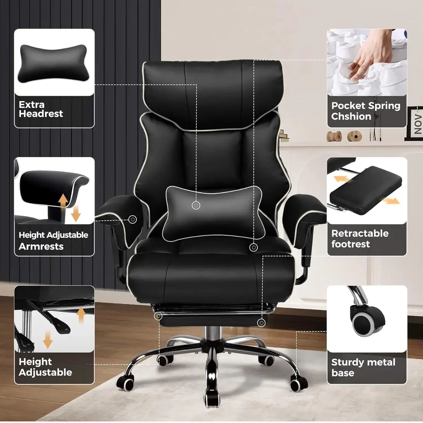 Black gaming office chair with adjustable armrests, retractable footrest, headrest, and sturdy metal base