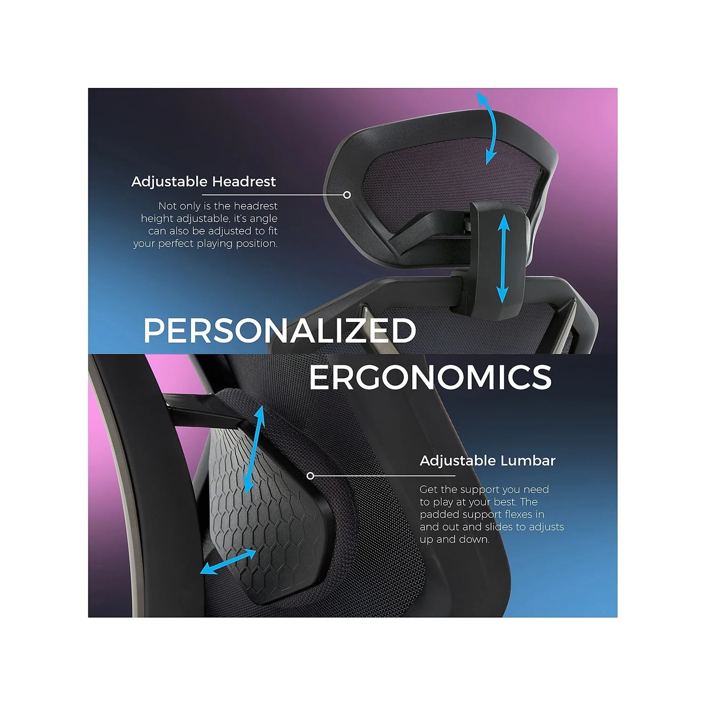 Gaming chair with adjustable headrest and lumbar support for personalized ergonomics during play