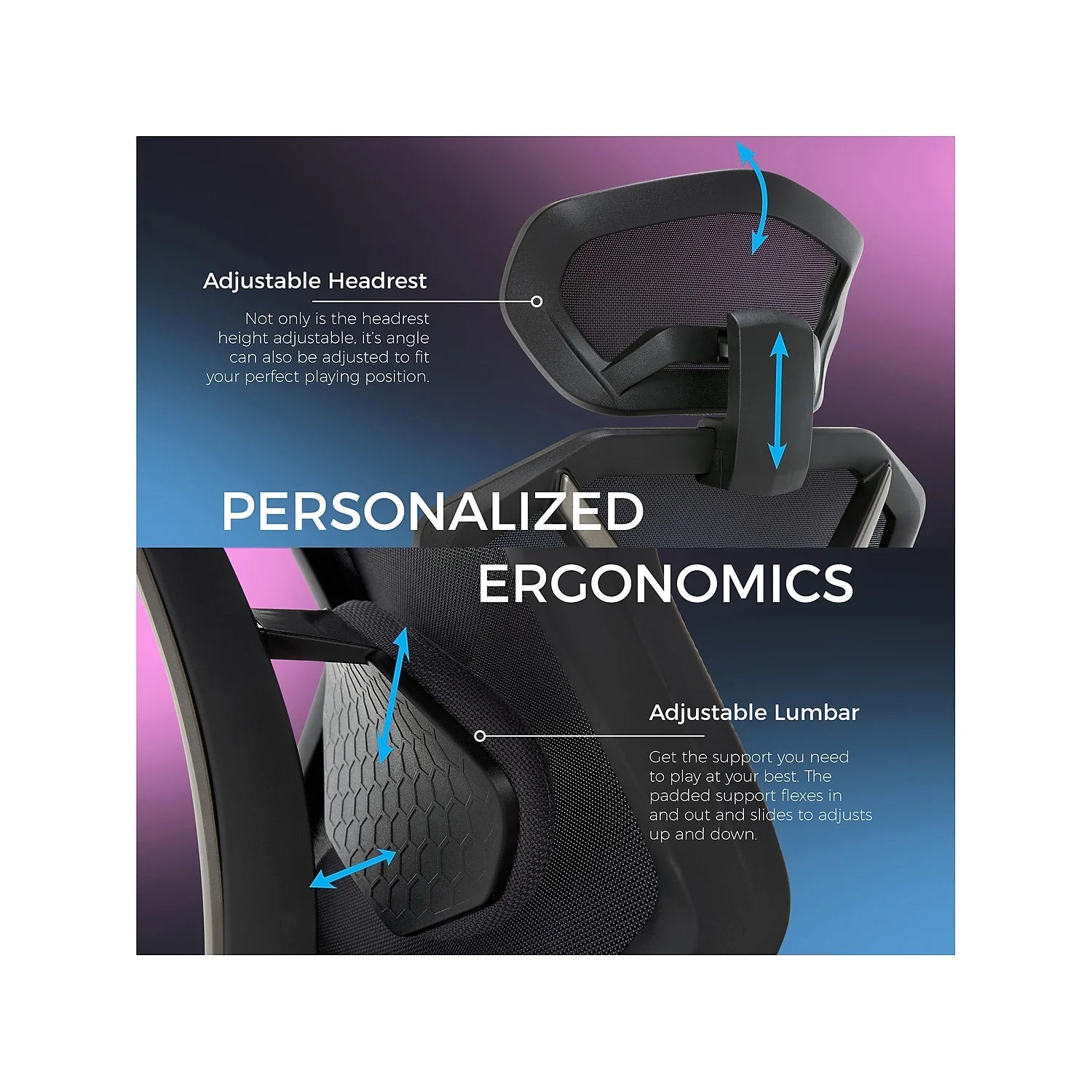Gaming chair with adjustable headrest and lumbar support for personalized ergonomics during play