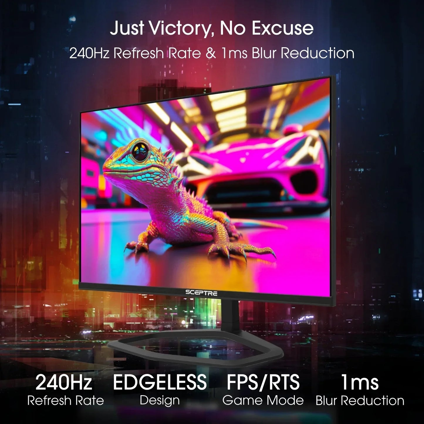 Sceptre gaming monitor with edgeless design showing vibrant lizard and sports car, 240Hz refresh rate, 1ms blur reduction for FPS and RTS games