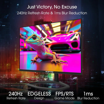 Sceptre gaming monitor with edgeless design showing vibrant lizard and sports car, 240Hz refresh rate, 1ms blur reduction for FPS and RTS games
