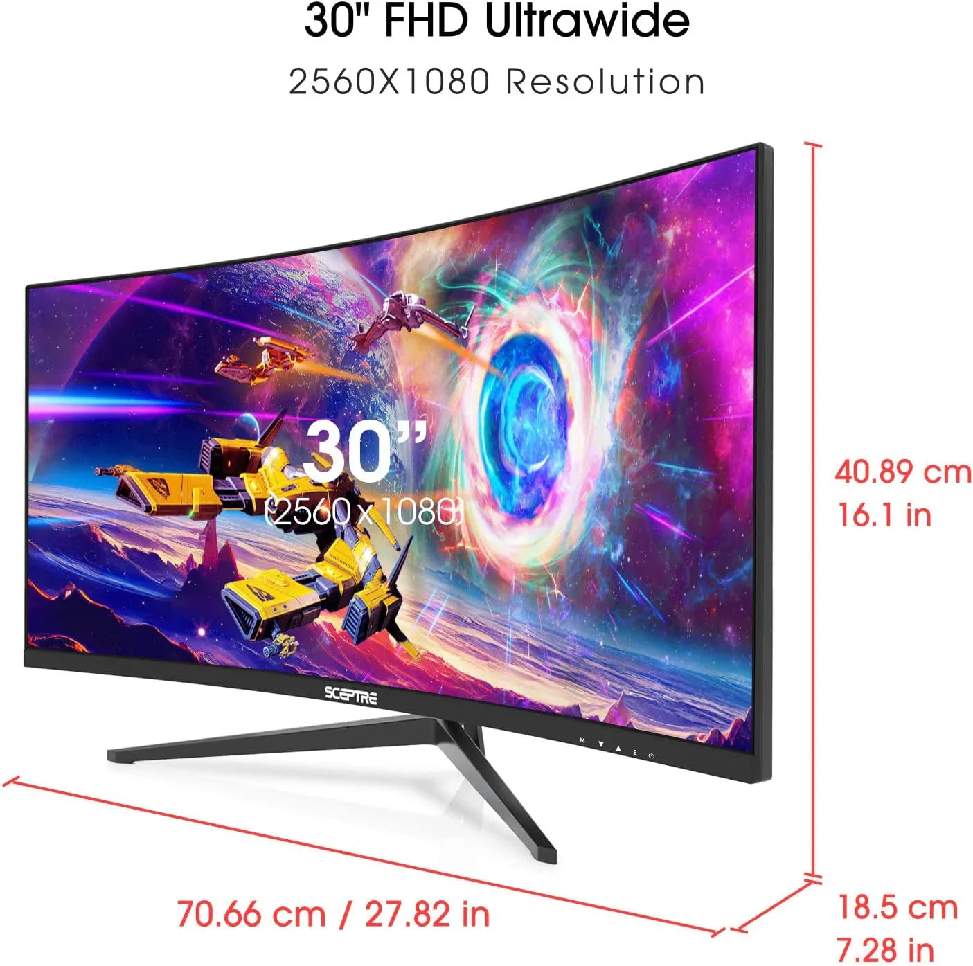 30-inch Sceptre ultrawide FHD monitor with 2560x1080 resolution showing vibrant space battle scene