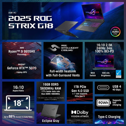 2025 ROG Strix G18 gaming laptop with Ryzen 9 CPU, RTX 5070 GPU, 18-inch 240Hz display, 16GB RAM, 1TB SSD, USB4, and intelligent cooling features, shown in Eclipse Gray.
