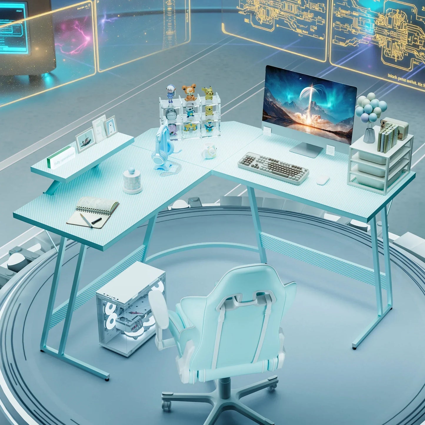 Futuristic light blue gaming desk setup with curved monitor, mechanical keyboard, gaming chair, PC, collectibles, and digital blueprint background