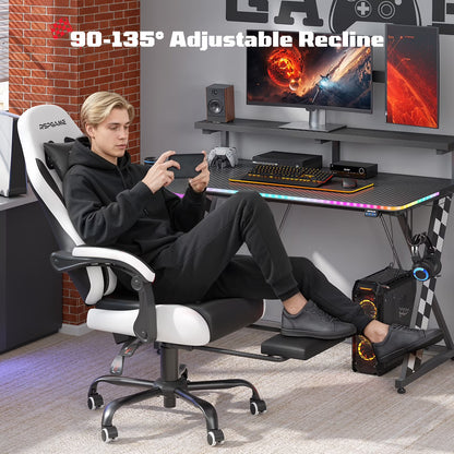 Gamer in white and black gaming chair with 90-135° adjustable recline, RGB desk, dual monitors, and PC setup