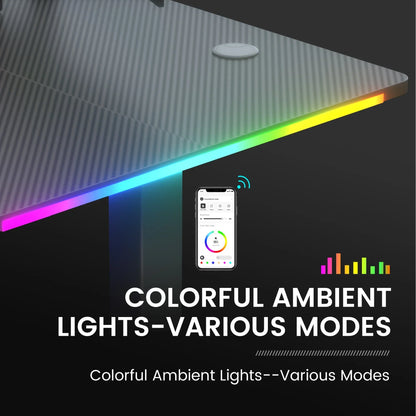 RGB ambient lighting strip under gray carbon fiber desk controlled via smartphone app