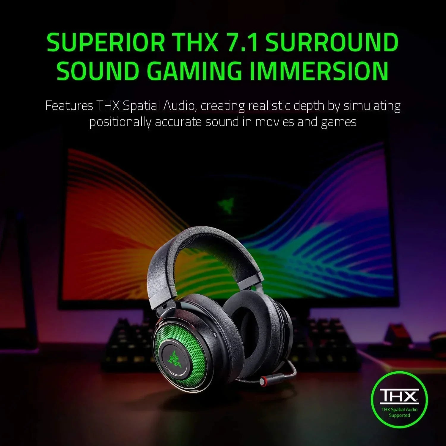 THX 7.1 gaming headset with green LED lighting showcased on a desktop gaming setup