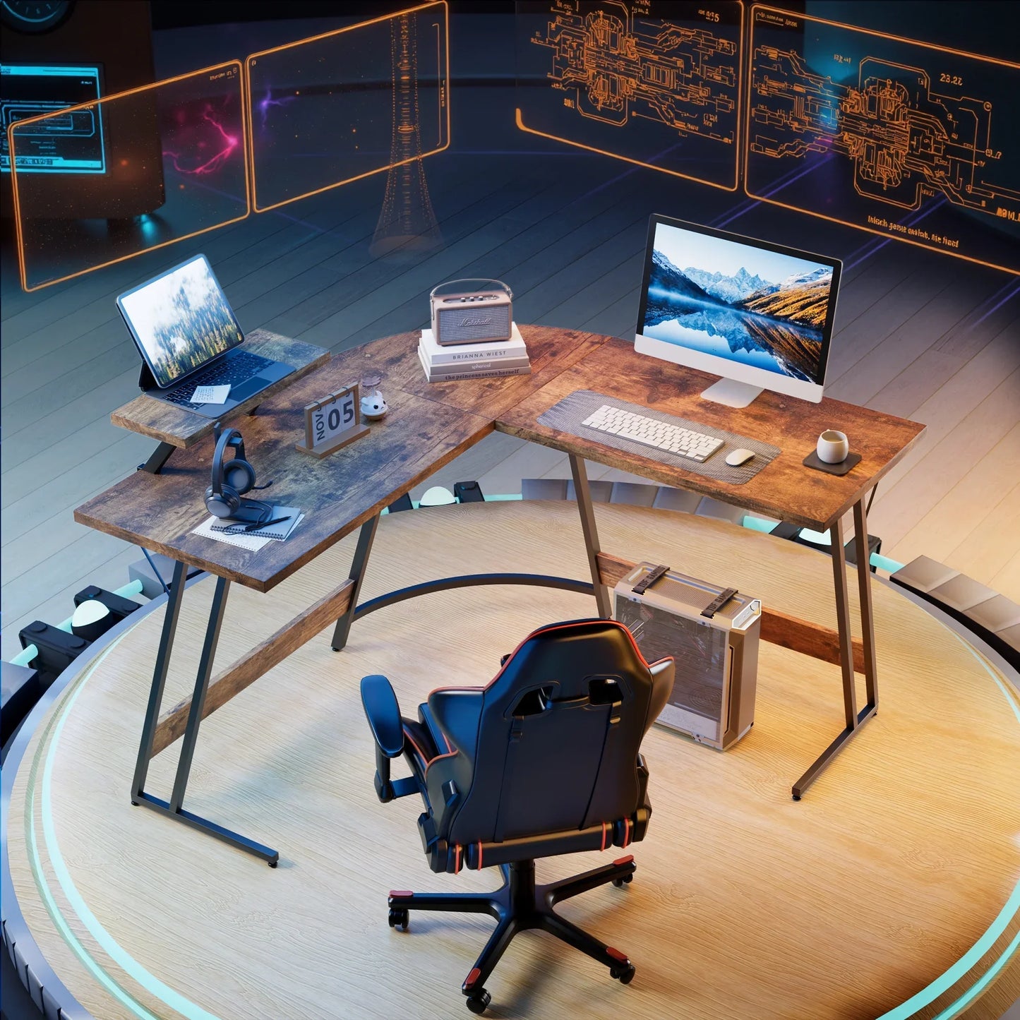 Modern office setup with L-shaped wooden desk, computer, laptop, gaming chair, and holographic interface